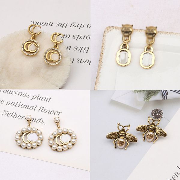 

luxury letters earring ear stud 18k gold plated 925 silver inlay diamond bee geometric famous women brand designers crystal pearl earrings p, Golden;silver