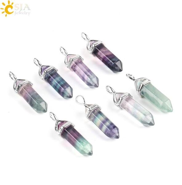 

csja fluorite necklace pendant natural gemstone bullet hexagonal point pendulum column reiki healing chakra jewelry for men wo9143924, Silver