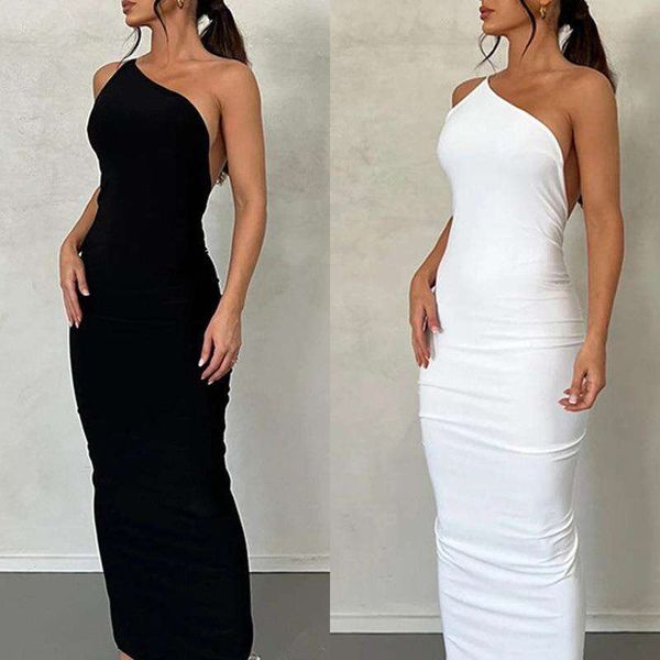 

womens fashion sleeveless high waist long solid color backless dress, Black;gray