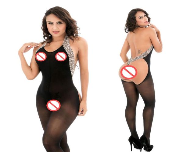 

halter leopard printed bodystocking fetish nightwear sleepwear opaque nightie pajamas chemise lingerie open crotch bodysuit j5310471, Red;black