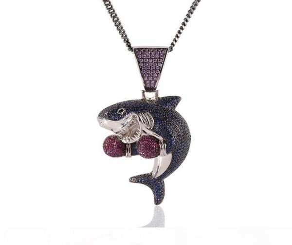 

iced out boxing shark pendant necklace fashion mens hip hop necklace jewelry gold silver cuban chain necklaces4562074