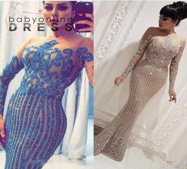 

stunning champagne sequined gliter mermaid evening dresses vintage long sleeve sheer neck beads appliques formal occasion party go7592301, Black;red