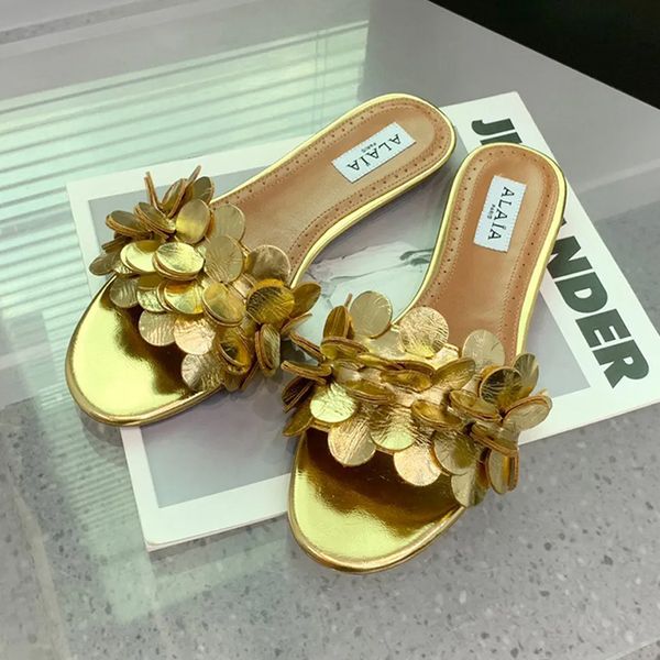 

alaia gold lympia flat slides slippers genuine leather petal open toes luxury designer for slippers women holiday flats sandals leather sole, Black