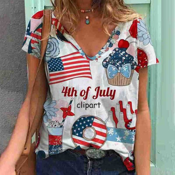 

2023 women's new loose v-neck flag of the united states printed short sleeve t-shirt women, White