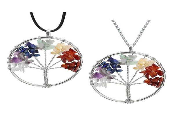 

tree of life quartz pendant necklace rainbow 7 chakra multicolor natural stone wisdom tree leather chain necklace for girls 309 t27323058, Silver