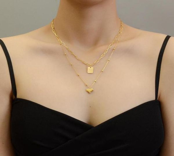 

pendant necklaces elegant gold plated stainless steel love heart multilayers for women jewelrysquare necklace bead neck chains2605123, Silver