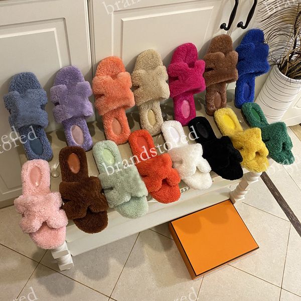 

designer sandals woolen h slippers women slippers fashion lamb wool outer wear flat shoes with box size eur 35-40, Black