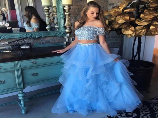 

2018 blue two piece prom dresses bateau neck short sleeves sequins beaded ruffles skirt floor length sparkly graduation dre6234932, Black