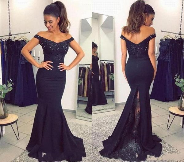 

2019 navy blue mermaid prom dress off shoulder lace appliqued evening gown elegant long formal prom evening party dress6276015, Black