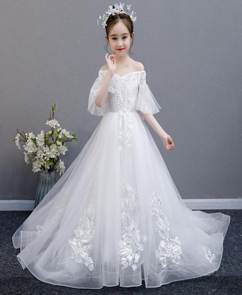 

2022 white flower girls dresses for weddings sheer neck long sleeves applique lace tulle children wedding dresses girls pageant dr9156612, White;red
