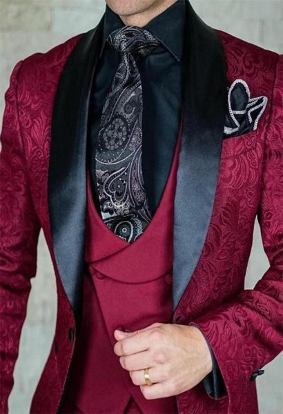 

burgundy embossing groom tuxedos black lapel groomsmen mens wedding dress fashion man jacket blazer 3 piece suitjacketpantsvest4654623, Black;gray