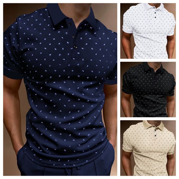 

men's polos spring and summer men's printed casual turn-down collar polo shirt men's business casual short-sleeved shirt 2307, White;black