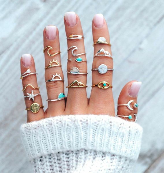 

19 pcsset charm gold silver color finger ring set for women vintage boho knuckle party rings punk jewelry gift for girl8229843, Golden;silver