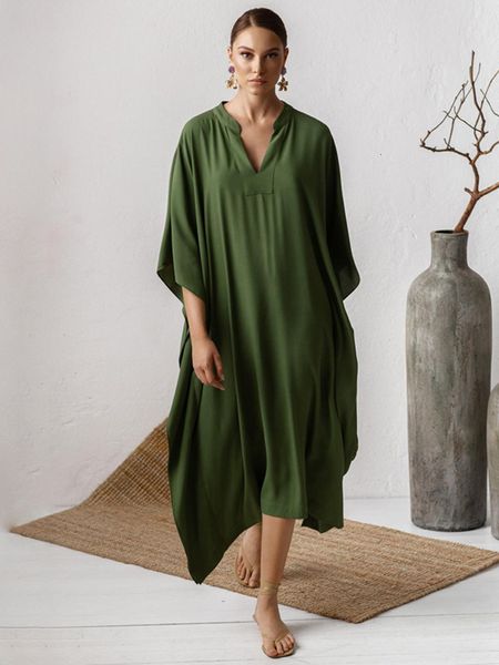 

women's swimwear swimsuit cover up women kaftan beach tunic solid v neck elegant summer long dress loose beachwear bathing suit swimwea, White;black