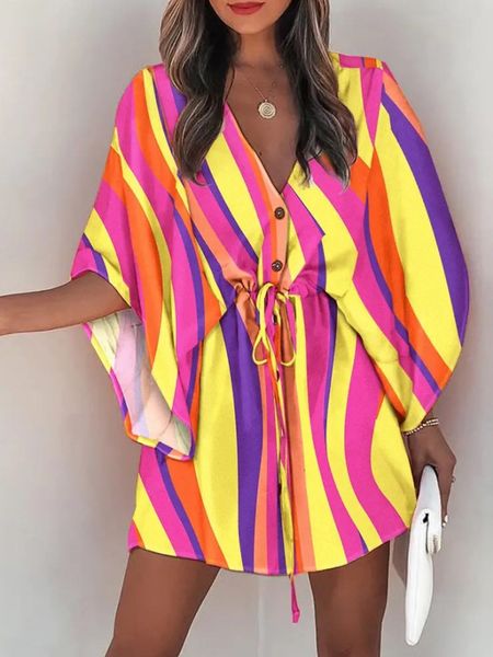 

women's swimwear summer casual drawstring tie-up mini loose dress fashion print batwing sleeve beach dress button v neck women party co, White;black