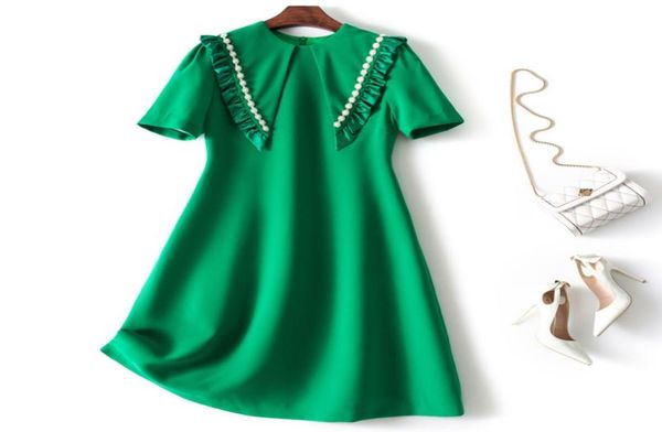 

84391 ol new summer women elegant occasion dresses doll collar short sleeve solid color slim beading fashion dress greenblack s7355834, White;black