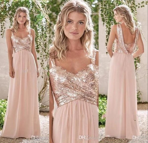 

2020 bridesmaid dresses blush pink spaghetti straps sequins ruched sleeveless backless chiffon beach long party dresses wedding gu2955485, White;pink