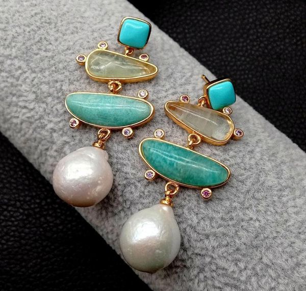 

yygem natural geometric turquoise ite prehnite white pearl stud earrings gold filled office style for women6614736, Golden