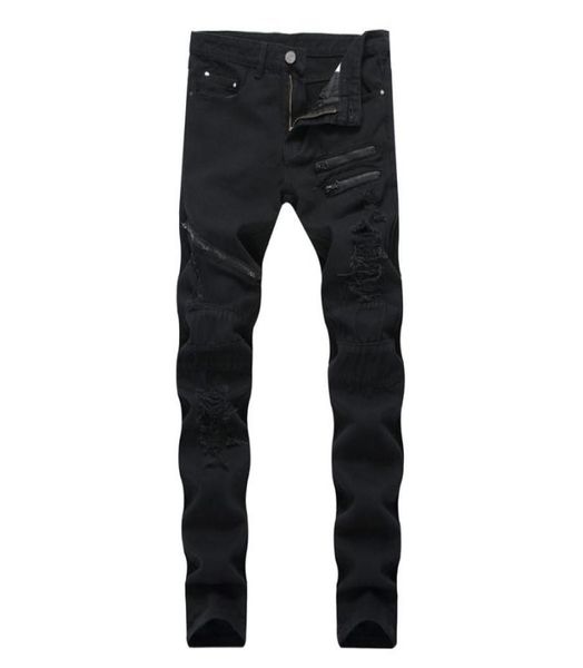 

fashion hi street men ripped jeans pants streetwear distressed denim trousers with multi zippers plus size 2842 black4836046, Blue