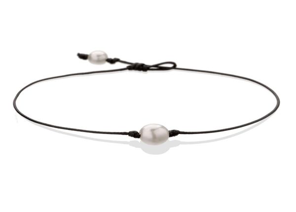 

pearl single cultured freshwater pearls necklace choker for women genuine leather jewelry handmade black 14 inches2014287, Silver