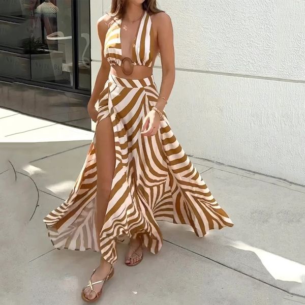 

urban dresses ellafad maxi dress summer striped print halter sleeveless open waist lace up slit holiday high streetwear 230713, White;black