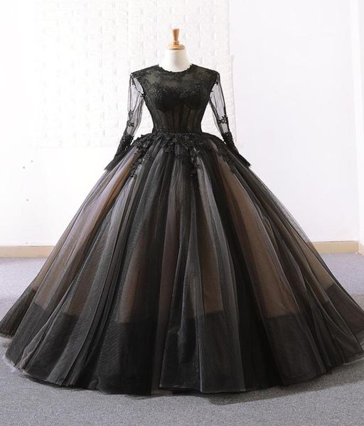 

black ball gown gothic wedding dresses 2019 with long sleeves lace appliques tulle floor length vintage bridal gowns custom made1963116, White