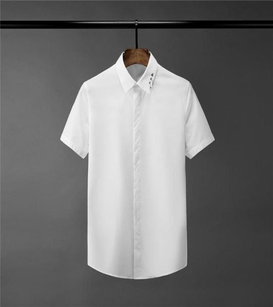 

new solid color mens shirts luxury metal decoration short sleeve mens dress shirts fashion slim fit male plus size 4xl5177209, White;black