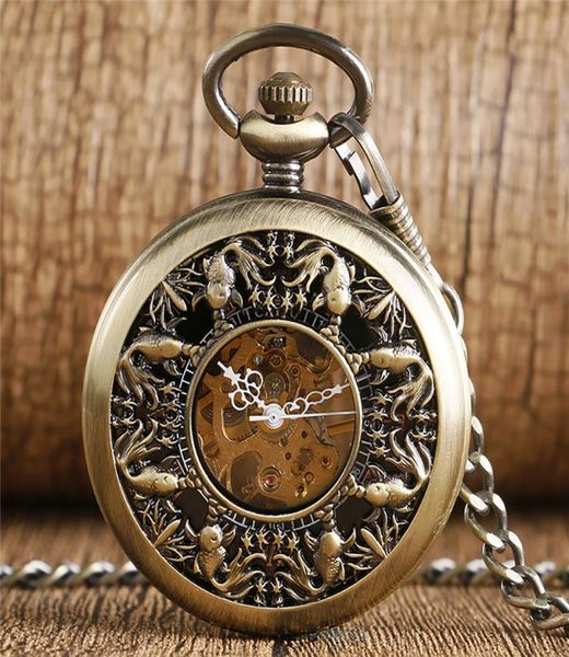 

steampunk bronze hollow out cute little goldfish cover handwind mechanical pocket watch fob skeleton clock pendant chain to men wo9989952, Slivery;golden