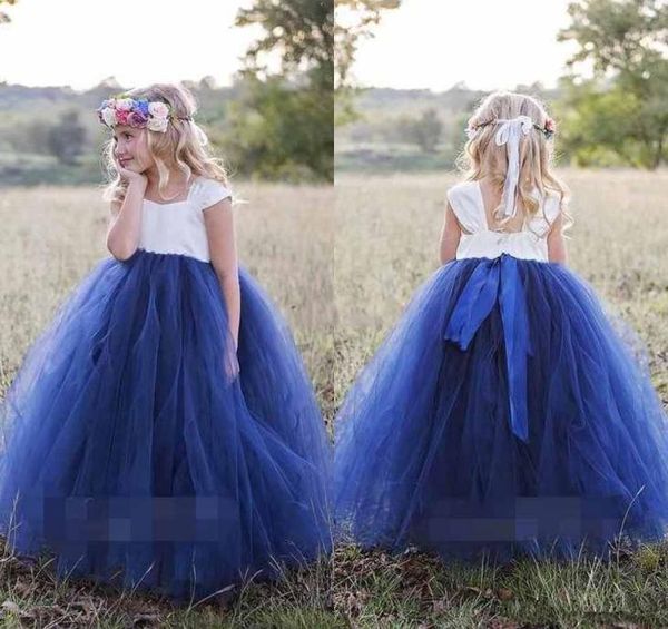

cute princess white navy blue flower girls dresses 2019 bateau neck cape sleeve puffy ball gown girls pageant gown first communion8168020, White;blue