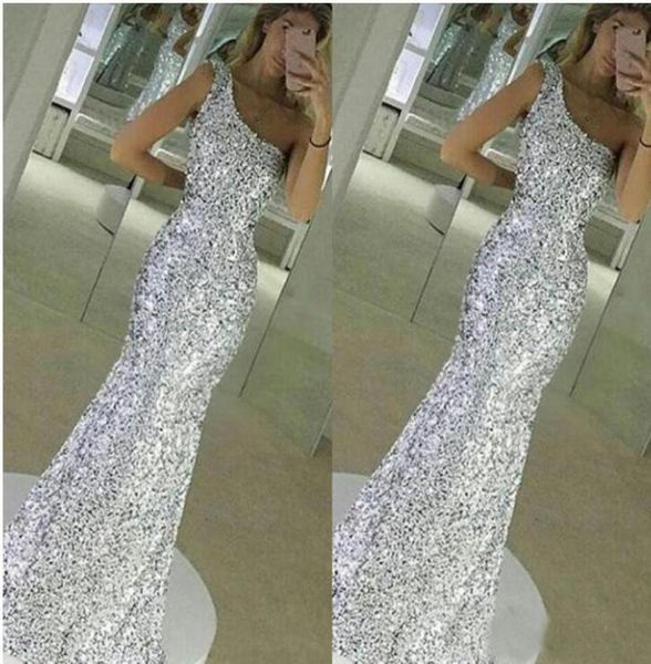 

silver sparkly sequined mermaid evening party dresses 2019 one shoulder custom long formal prom gown vestido guest8432613, Black;red