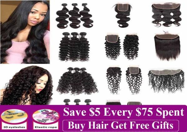 

brazilian virgin hair lace frontal bundles 9a grade peruvian human hair extensions deep wave curly hair weaves closure with 3 bund2871720, Black