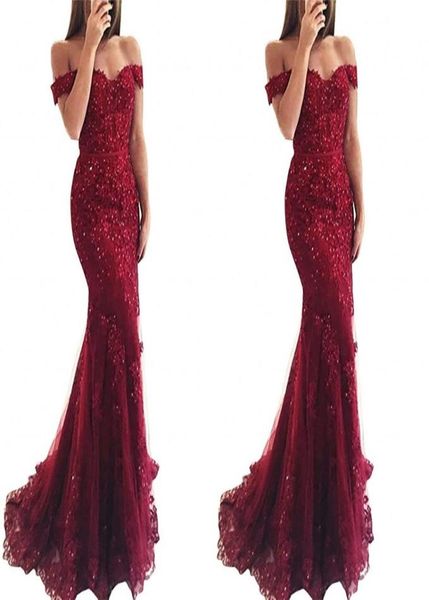 

2019 new burgundy red royal blue mermaid prom dresses long off shoulder beads sequined lace applique evening party wear form1387692, Black