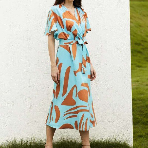 

summer printed long dress v neck fashion lace up girl street style, Black;gray