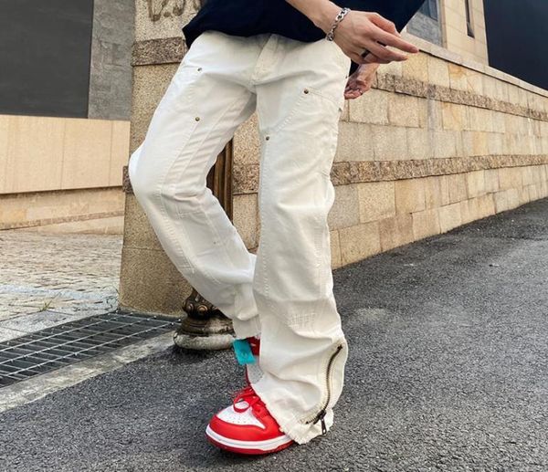 

ankle zipper rivet pockets straight loose mens jeans pants oversized high street casual baggy denim trousers76640465236554, Black