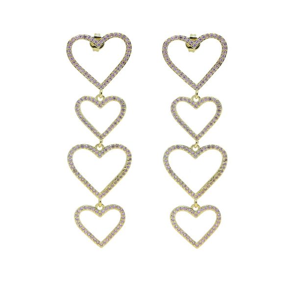 

blue pink white 3 colors cubic zirconia hollow heart charm 4pcs gold colorful heart dangle dangling long earring4144043, Golden;silver