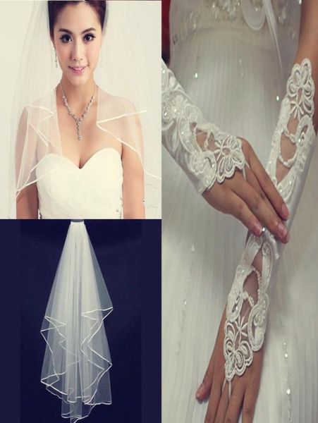 

2pieces white or ivory wedding veils with comb pearls gloves4060255, Black