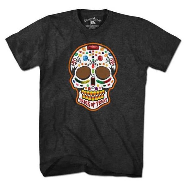 

luxury halloween candy dead head halloween candy skull head american retro classic short sleeve t-shirt, White;black