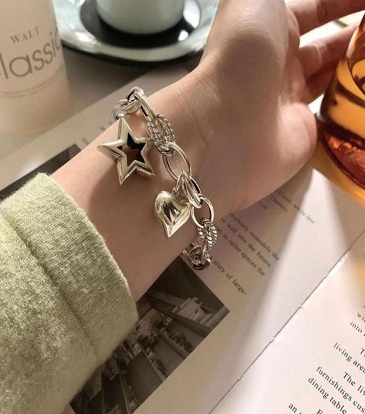 

link chain allme personality metallic love heart star pendant bracelet for women hollow chunky cuban charm bracelets accessories2383179, Black