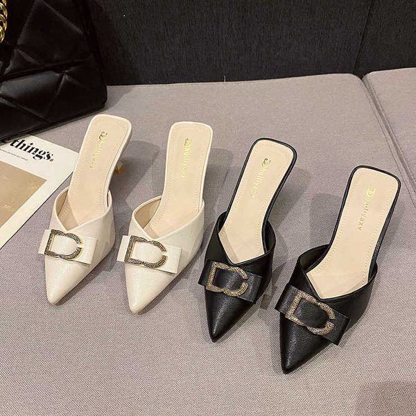 

slippers pointed white high heels slim baotou half fashion outwear fairy gentleness 230715, Black