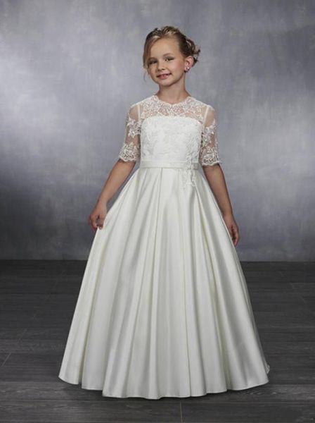 

classic flower girl dress with lace buttons half sleeves customized for princess girls pageant gowns custom made4387345, White;blue
