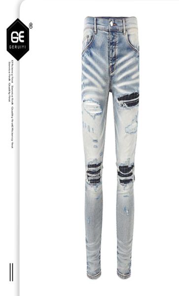 

european and american mens jeans new high street elf print hole distressed fashion brand8238798, Blue
