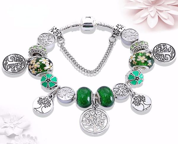 

european and american new olive green flower bracelet forest wind tree seedling pendant large hole crystal beaded ancient silver b1544658, Black