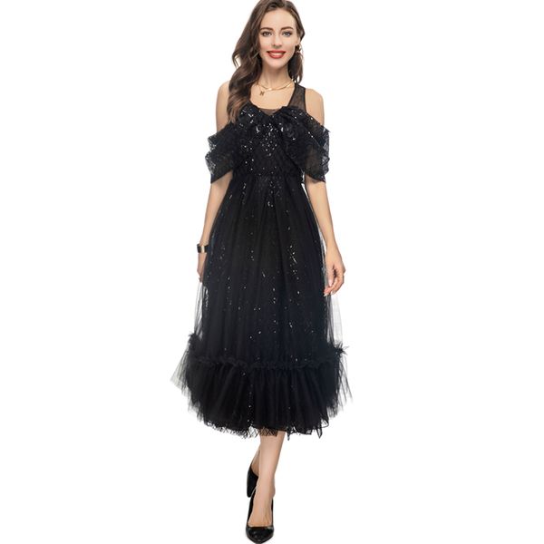 

women's runway dresses cap sleeves sequined ruffles layered elegant fashion mid vestidos, Black