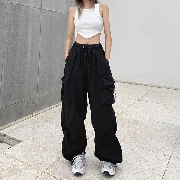 

women's pants capris y2k women streetwear cargo pants korean harajuku casual solid baggy straight trousers fashion wide leg pockets jog, Black;white