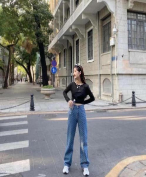 

2020 autumn new fullprint blue high waist jeans street hip hop loose straight wide leg pants denim trousers67232485934892