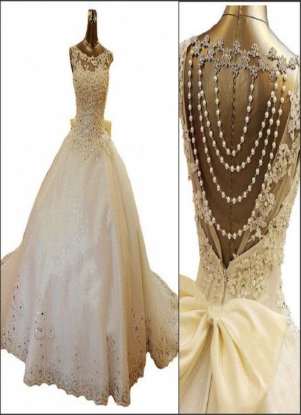 

2019 new bling crystal wedding dresses scoop appliques beads backless pearl bows ball gown court train lace tulle luxury custom br2583133, White