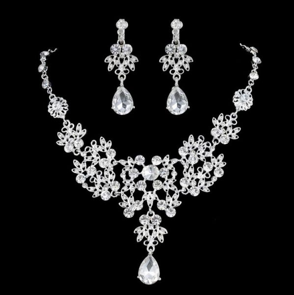 

luxury flower rhinestones bridal jewelry sets 4 colors crystals wedding necklaces and earrings for bride prom evening party access6749718, White
