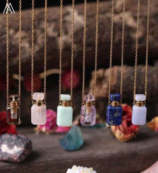 

plated gold chains small perfume bottle natural gemstones pendantsquartz crystal essential oil diffuser vial necklace charms3324754, Silver