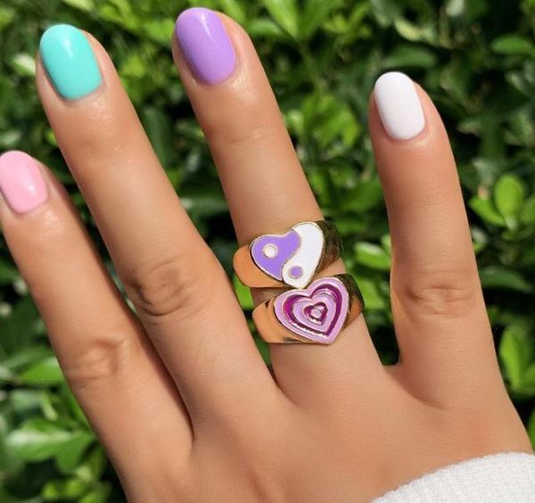 

cluster rings korean fashion lovely heart enamel for women vintage shaped yinyang metal stacking ring set y2k jewelry gifts5815454, Golden;silver