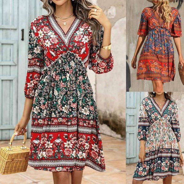 

dress v neck short sleeve vintage print, Black;gray
